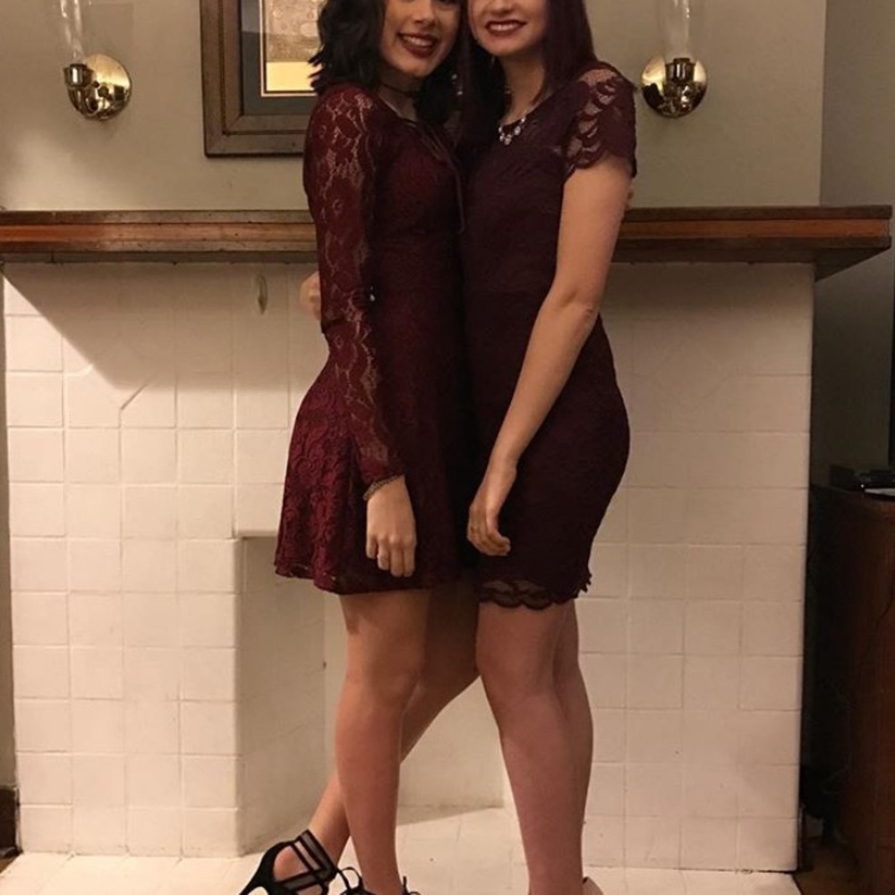maroon dress (left one)